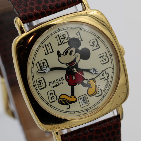 Seiko / Pulsar Mickey Mouse Men's Calendar Gold Quartz Watch w/ Lizard Strap