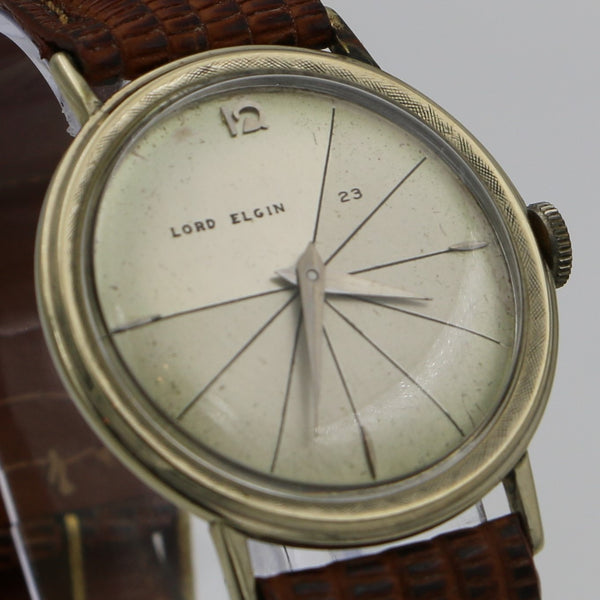 1950s Lord Elgin Men's Solid 10K Gold 25Jewels Spider Web Dial Watch