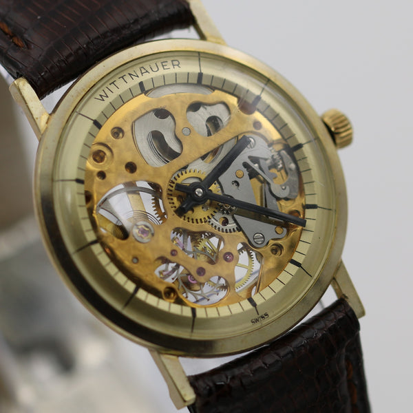 Wittnauer Mens 10K Gold Fully Skeletonized Swiss 17Jwl Watch w/ New Lizard Strap