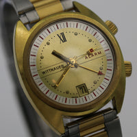 1960s Wittnauer Mens Swiss Made Alarm Calendar Gold Gorgeous Dial Watch