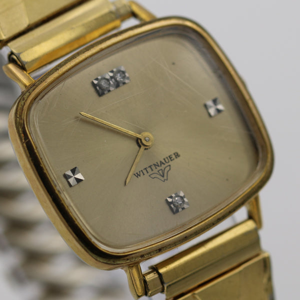 1970s Wittnauer Mens Swiss Made Diamonds Gold Gorgeous Dial Watch