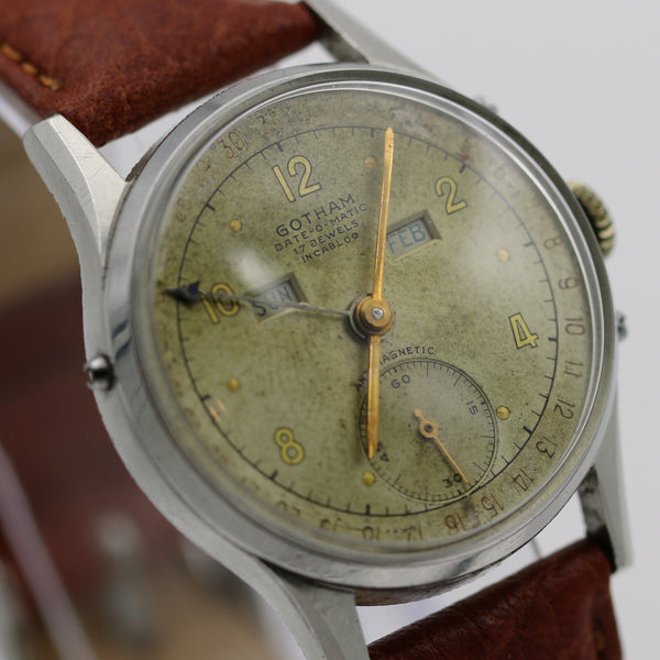 WWII Gotham Swiss Made Silver Date-O-Matic Pointer Watch