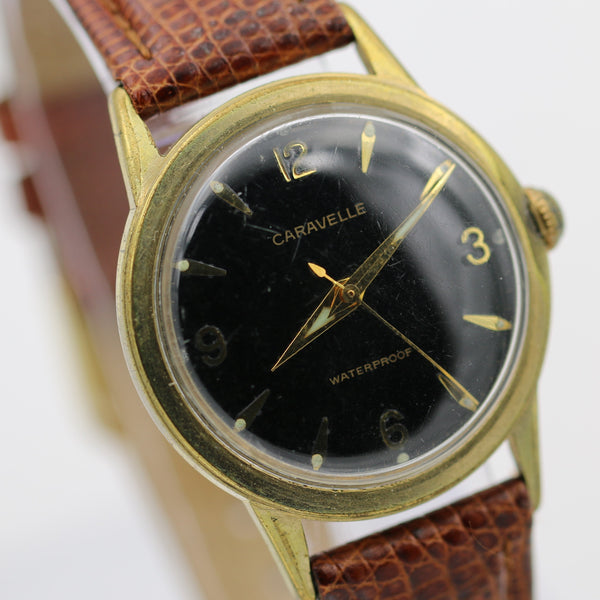 1968 Bulova-Caravelle Gold Made in France Watch with Genuine Lizard Leather Strap