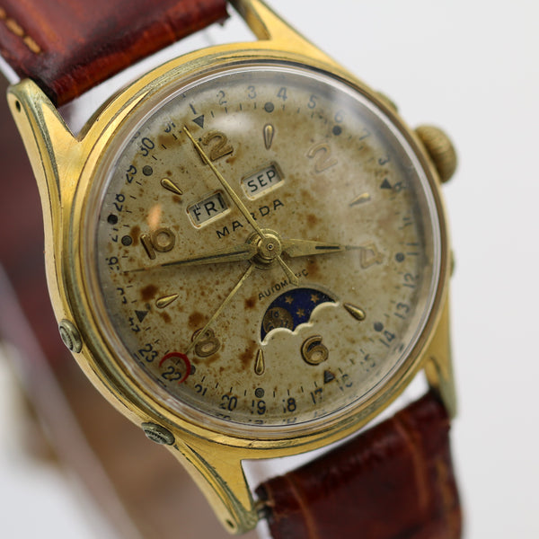 WWII Marda Mens Swiss Automatic Bidynator 17Jwl Pointer Calendar Moonphase Gold Watch
