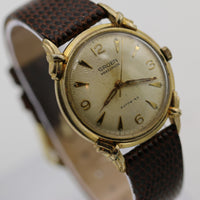 1940s Gruen Men's Swiss 17Jwl Automatic Fancy Knotted Lugs Gold Watch w/ Lizard Strap
