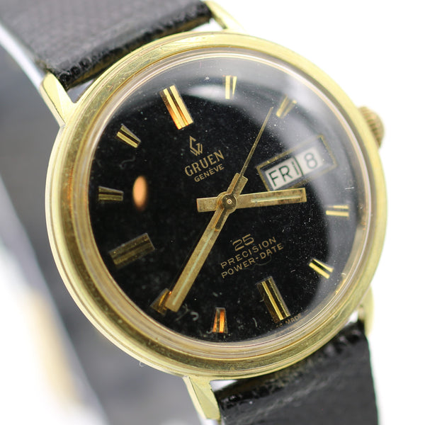 1960s Gruen Geneve Men's Swiss  Made 25Jwl Dual Calendar Gold Watch w/ Lizard Strap