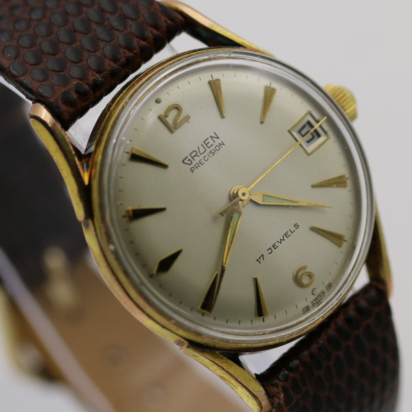 1940s Gruen Men's Swiss Gold 17Jwl Fancy Lugs Calendar Watch