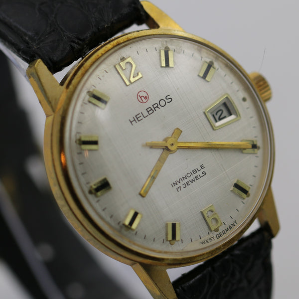 1970s Helbros Invincible Mens Gold 17Jwl Calendar Made in West Germany Watch