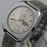1970s Helbros Invincible Mens Silver 17Jwl Dual Calendar Watch w/ Bracelet - Mint