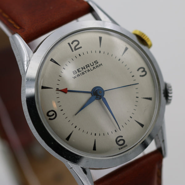 1960s Benrus Men's Alarm Swiss Made Silver Watch in Mint Condition w/ Strap