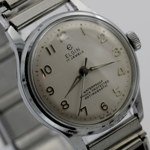 1960s Elgin Men&#39;s Silver Swiss Made 17Jwl Watch w/ Bracelet