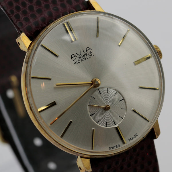 Avia Men's Swiss Made 17Jwl Gold Large Dial Watch w/ Hirsch Strap