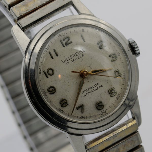 1940s Villereuse Men's Swiss Made 17Jwl Silver Watch w/ Silver Bracelet