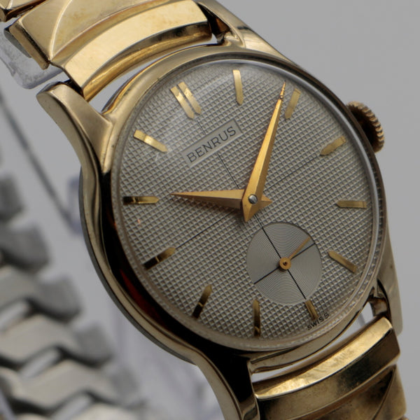 1950s Benrus Men's Swiss 10K Gold Quadrant Dial Watch w/ Original Box