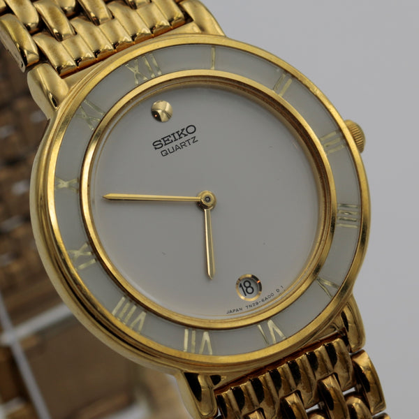 New Seiko Men's Gold Calendar Ultra Thin Quartz Watch w/ Bracelet