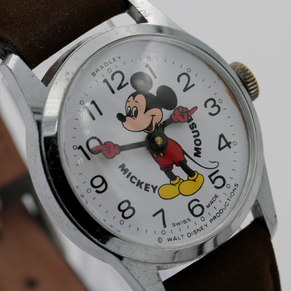 1960s Bradley Mickey Mouse Swiss Made Walt Disney Production Silver Watch w/ Strap