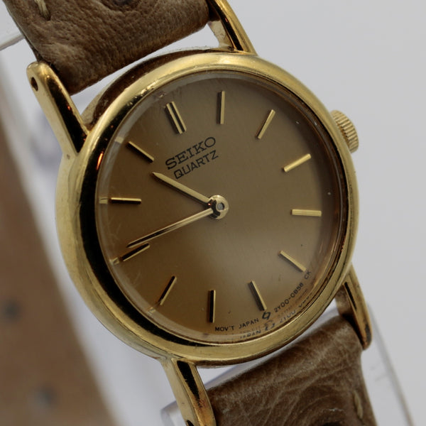 Seiko Ladies Quartz Gold Ultra Thin Watch w/ Ostrich Strap