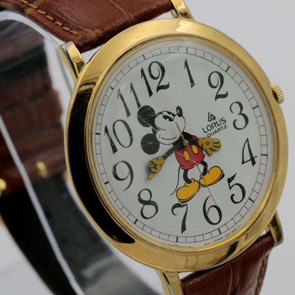 Seiko Mickey Mouse Men's Gold Quartz Ultra Thin XL (44mm!) Watch w/ Croco Strap
