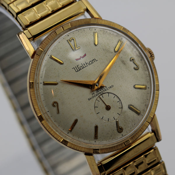 1950s Waltham Men's Swiss Made 17Jwl Gold Gorgeous Dial Watch w/ Bracelet