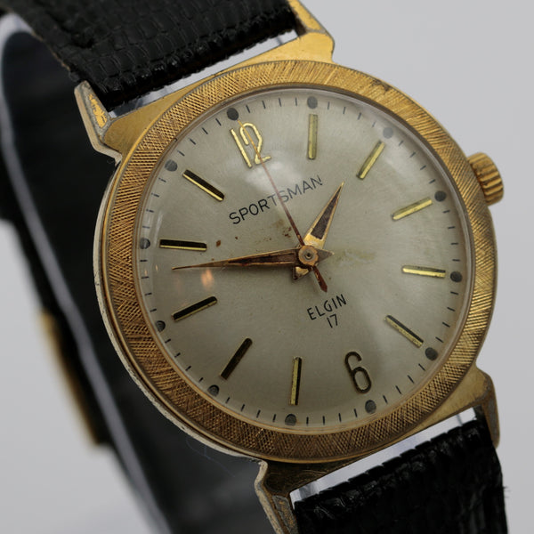 1960s Elgin Men's Gold 17Jwl Unique Bezel Watch w/ Strap